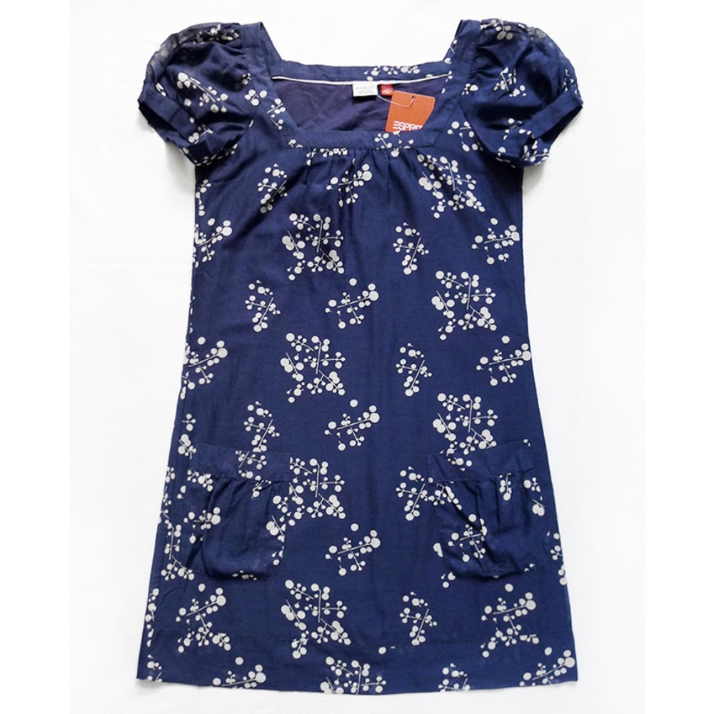NWT ESPRIT Square Neckline Floral Puff Sleeve Silk Blend Dress + Pockets Size 2